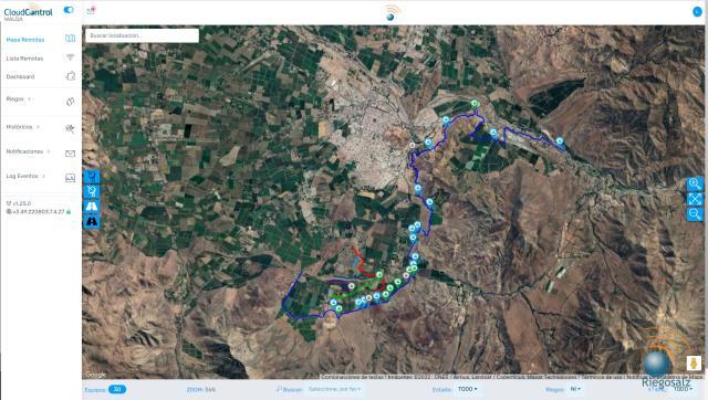 pantalla del Cloud Control Riegosalz con los puntos en el Canal La Petaca